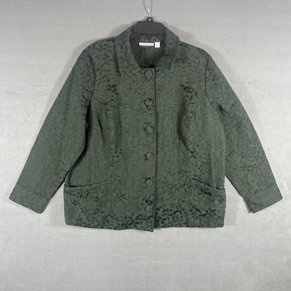 Croft & Barrow Women's 1X Plus Size Green Floral Embossed Button Up Jacket Coat